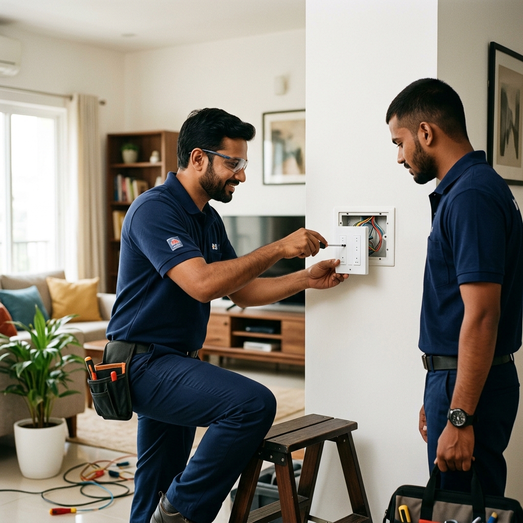 Pecksmart technicians installing smart home devices in a Hyderabad residence