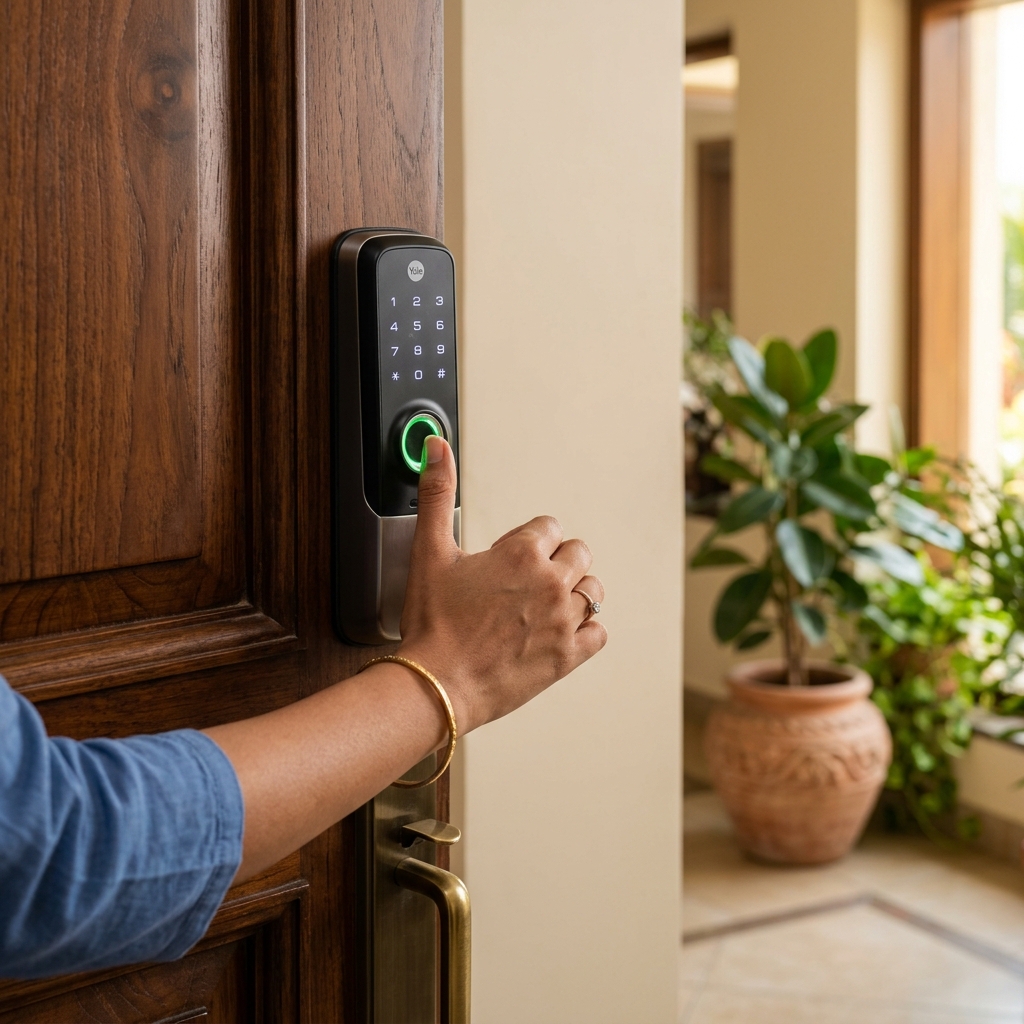 Fingerprint smart lock installed on a premium wooden door